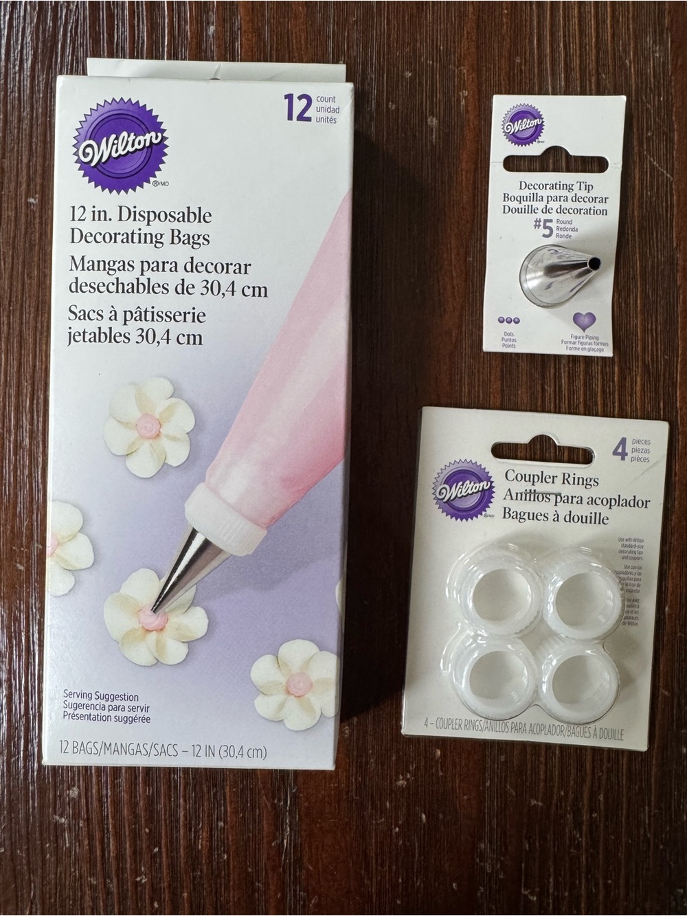 Set of 3 Wilton 12" Disposable Decorating Bag #5 Round Tip Coupler Rings NWT